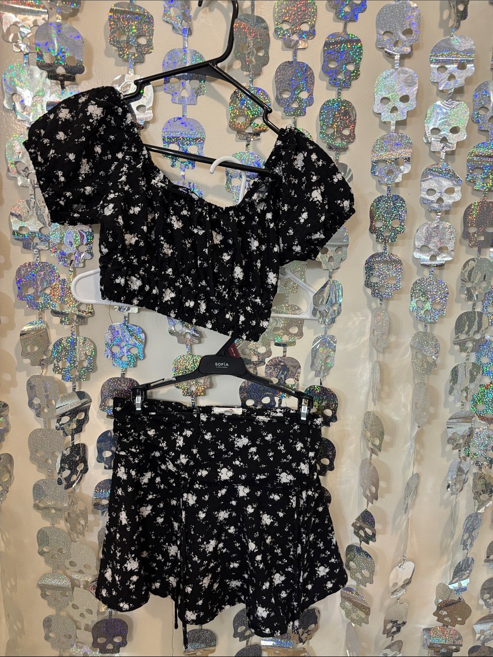 Black Floral Puff-Sleeve Crop Top and Matching Shorts Set